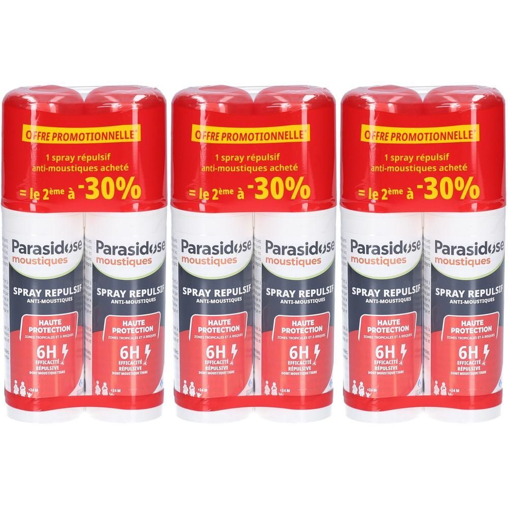 Trois packs de deux sprays. Inscription: Parasidose, spray anti-moustiques. Emballage rouge et blanc. Offre promotionnelle: 30% de réduction.