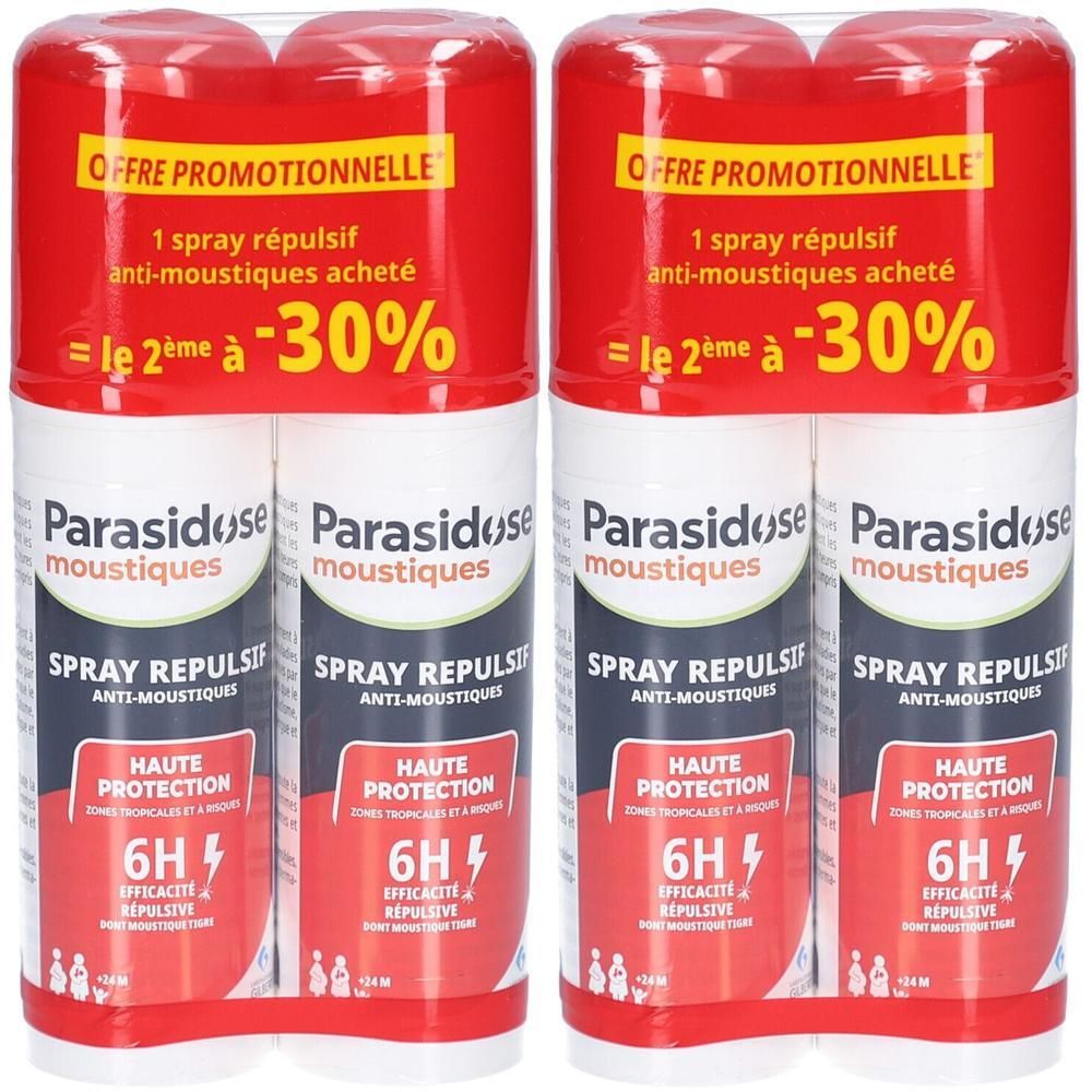 Deux packs de sprays anti-moustiques. Inscription: Parasidose, Spray répulsif, protection 6H. Offre promotionnelle: 30% de réduction sur le second.