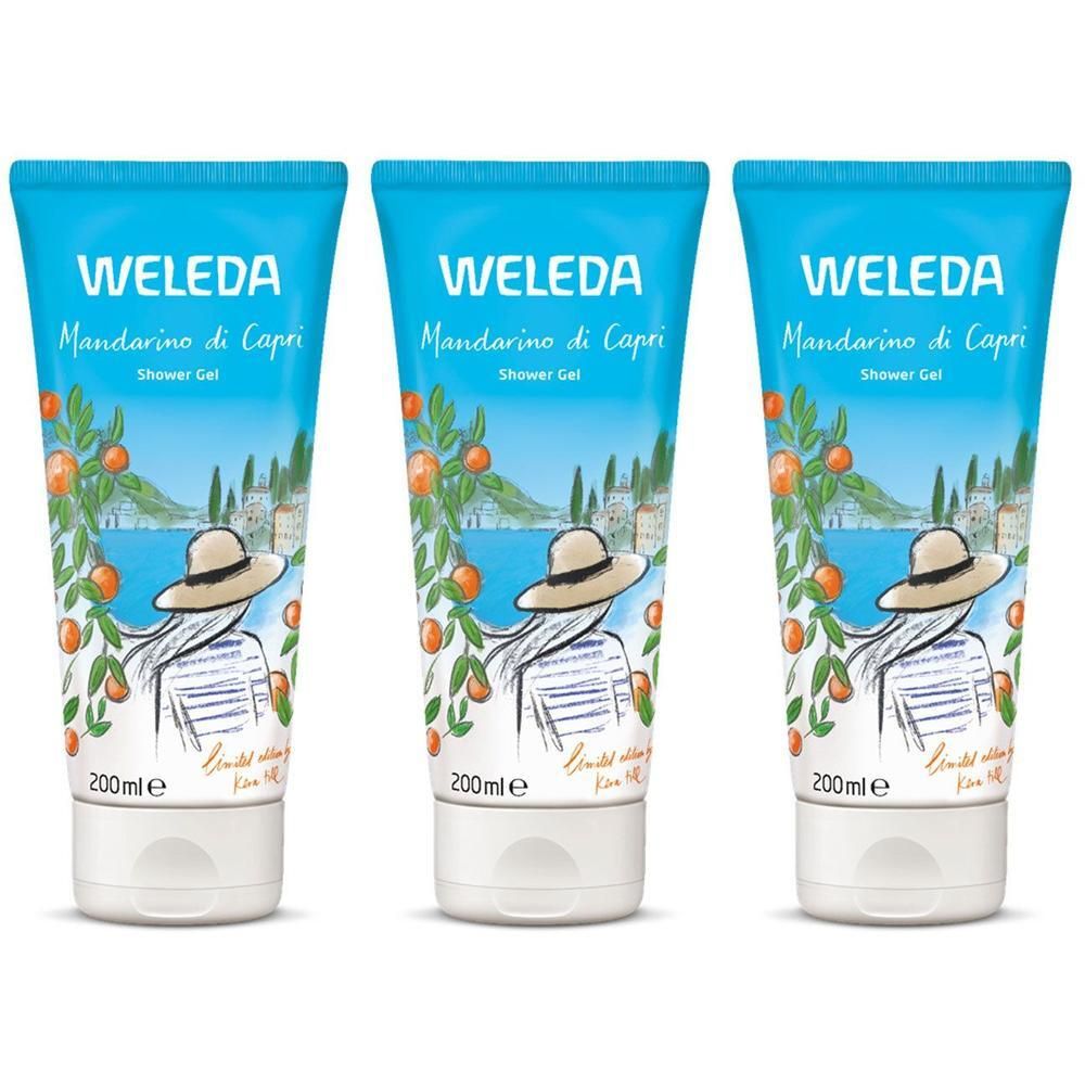 Trois tubes bleus. Inscription: WELEDA, Mandarino di Capri, Shower Gel. Illustration: femme, paysage. 200ml.