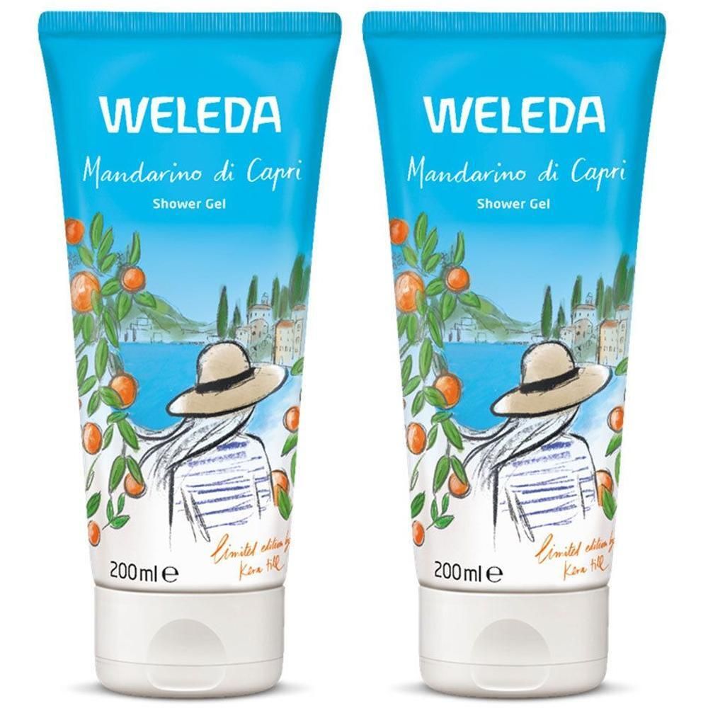Deux tubes de gel douche. Fond bleu. Inscription: WELEDA, Mandarino di Capri, Shower Gel. Illustration: femme chapeau, oranges.
