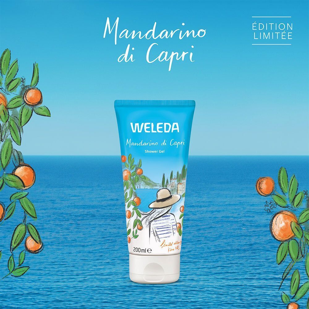 Tube de gel douche. Fond bleu. Inscription: WELEDA, Mandarino di Capri, Shower Gel. Illustration: femme chapeau, oranges. Édition Limitée.
