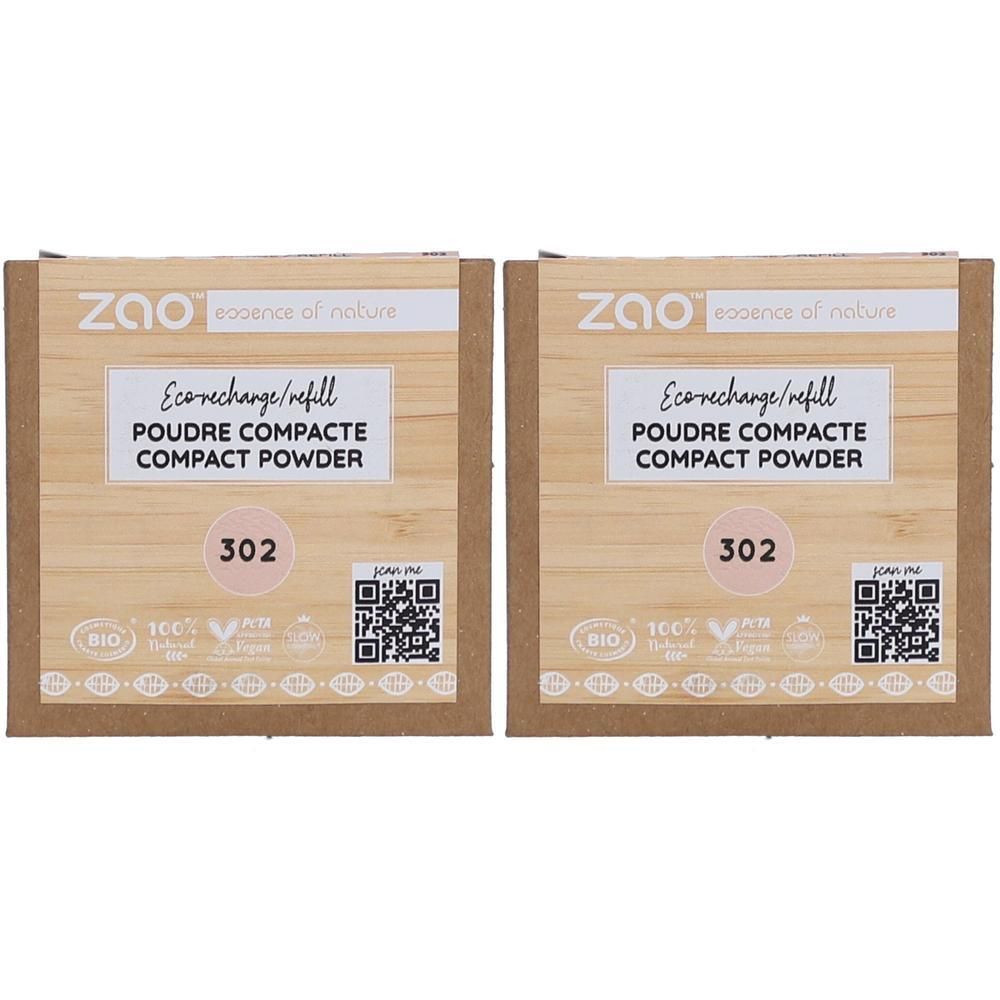 Deux recharges de poudre compacte carrées. Inscriptions : ZAO, Ecorecharge/refill, Poudre Compacte, Compact Powder, 302. Certification Bio.