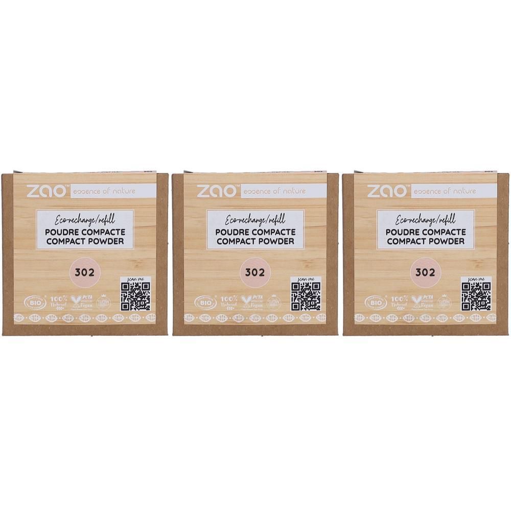Trois boîtes carrées. Inscription: ZAO, Echange/refill, Poudre Compacte, Compact Powder, 302. Code QR et logos.