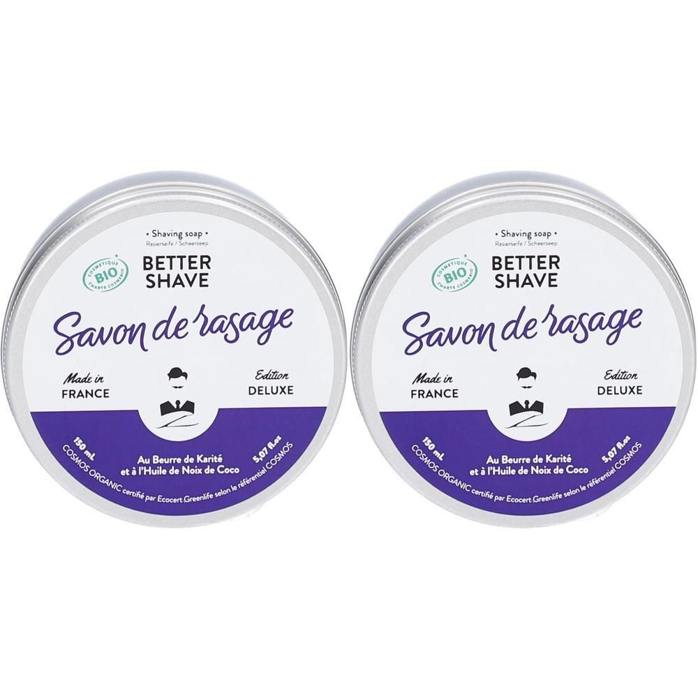 Deux boîtes rondes de savon à raser avec couvercles. Inscription : BETTER SHAVE, Savon de rasage, certification BIO. Étiquette violette.