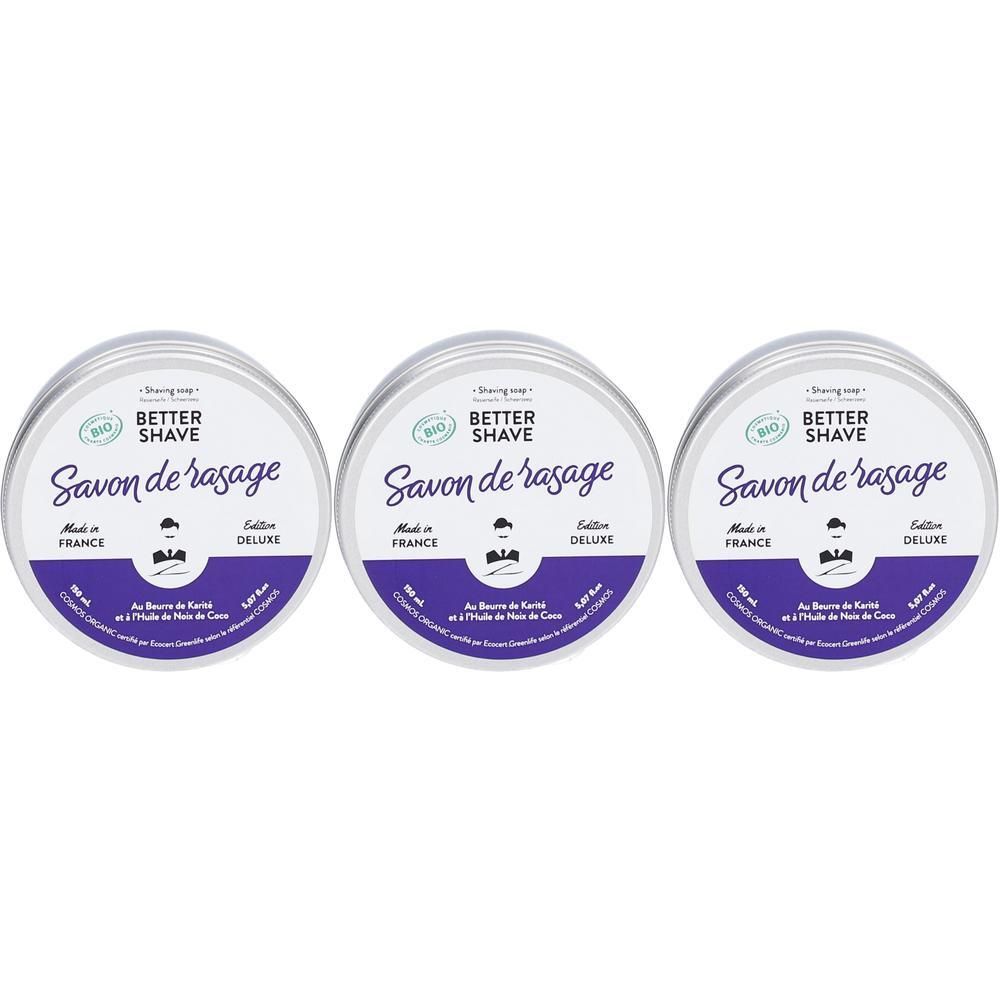 Trois boîtes rondes de savon à raser. Inscription : BETTER SHAVE Savon de rasage, label BIO, Made in France. Design violet et blanc.