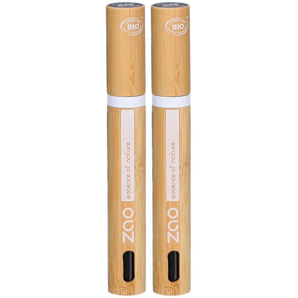 Deux mascaras en bambou. Inscription ZAO, essence of nature. Bouchons avec label Bio. Insert applicateur noir.