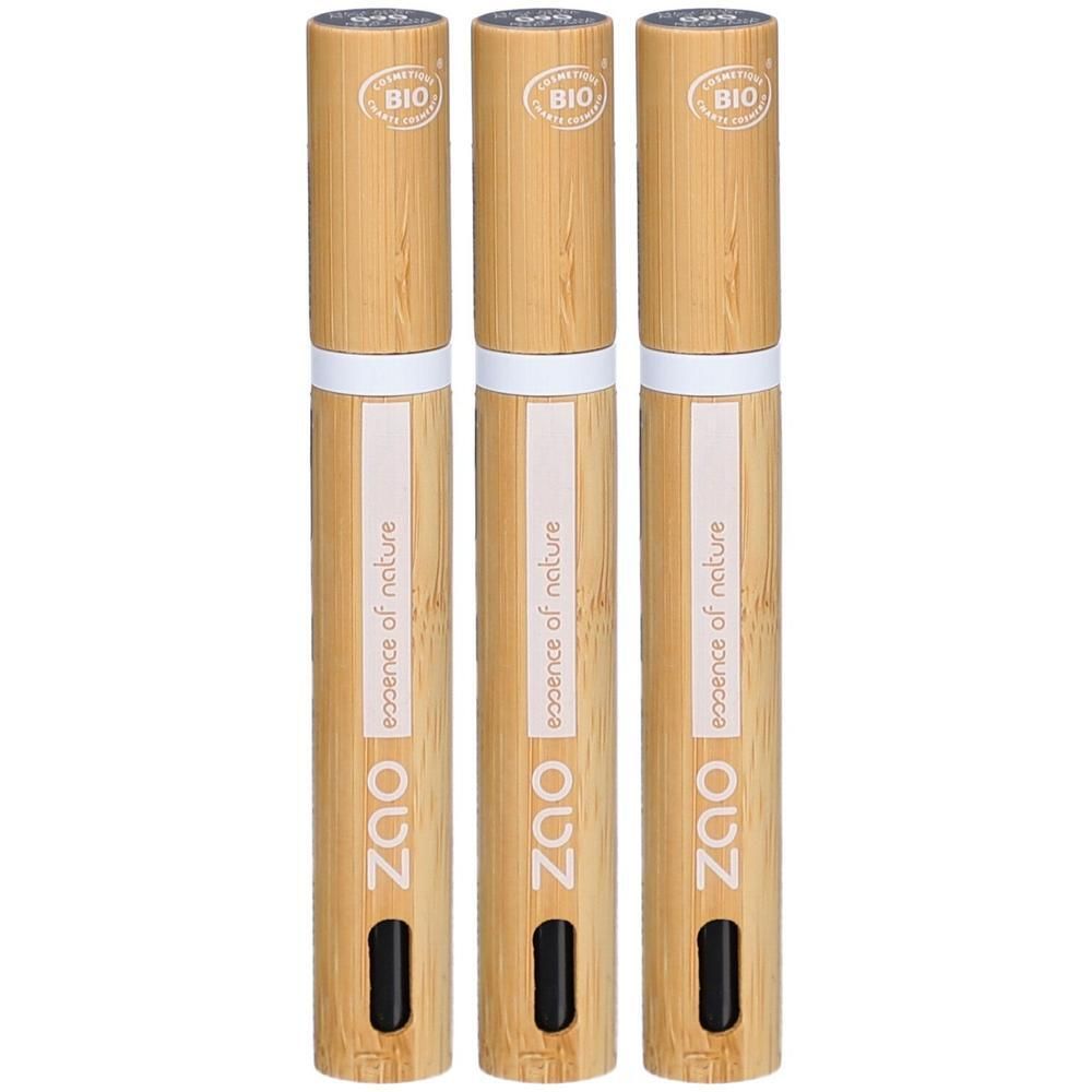 Trois mascaras en bambou. Inscription: ZAO, essence of nature. Couvercles avec label BIO. Applicateur noir. Couleur bois.