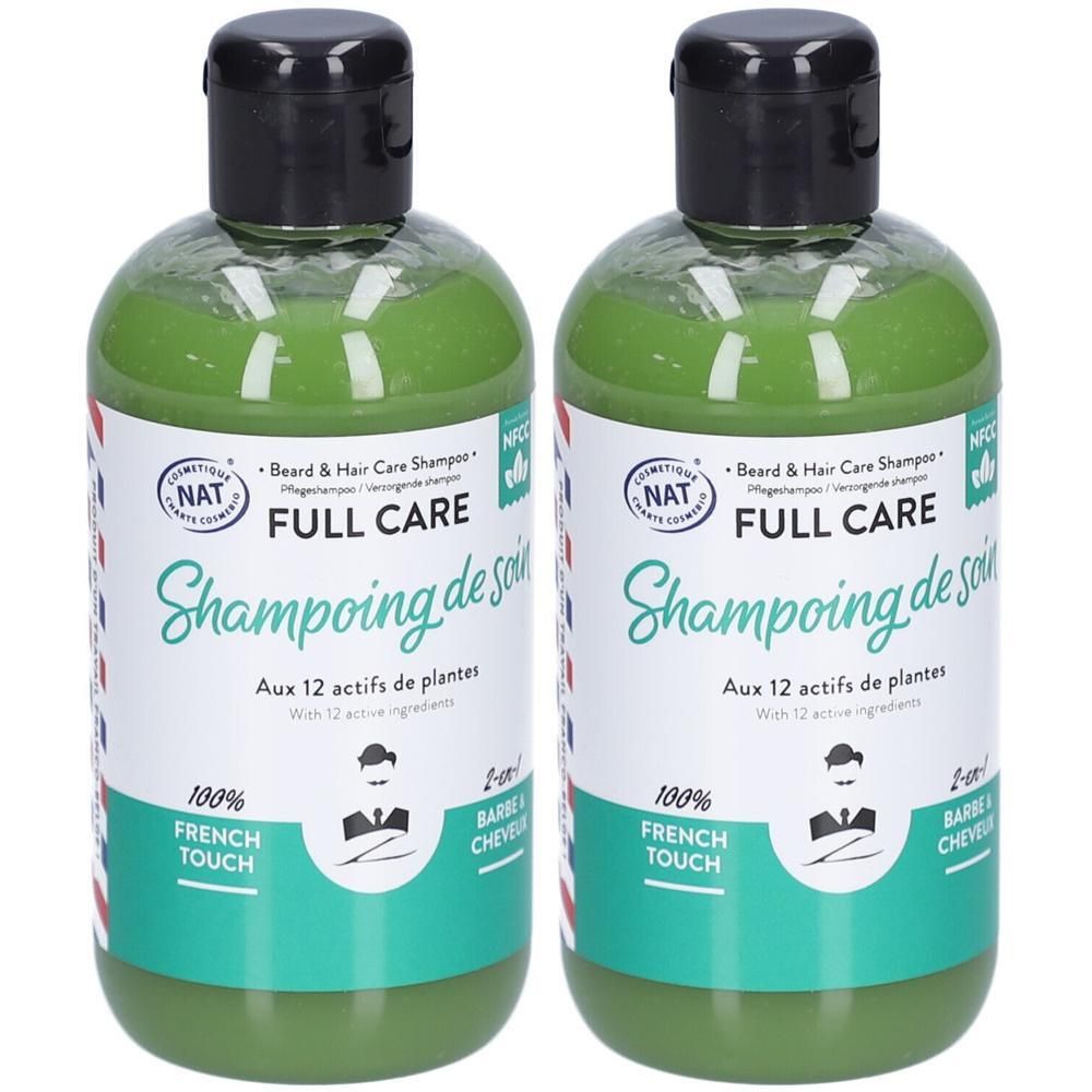 Deux flacons verts avec bouchon noir. Inscription: FULL CARE Shampoing de soin, 2-en-1 pour barbe & cheveux. Avec 12 actifs végétaux.