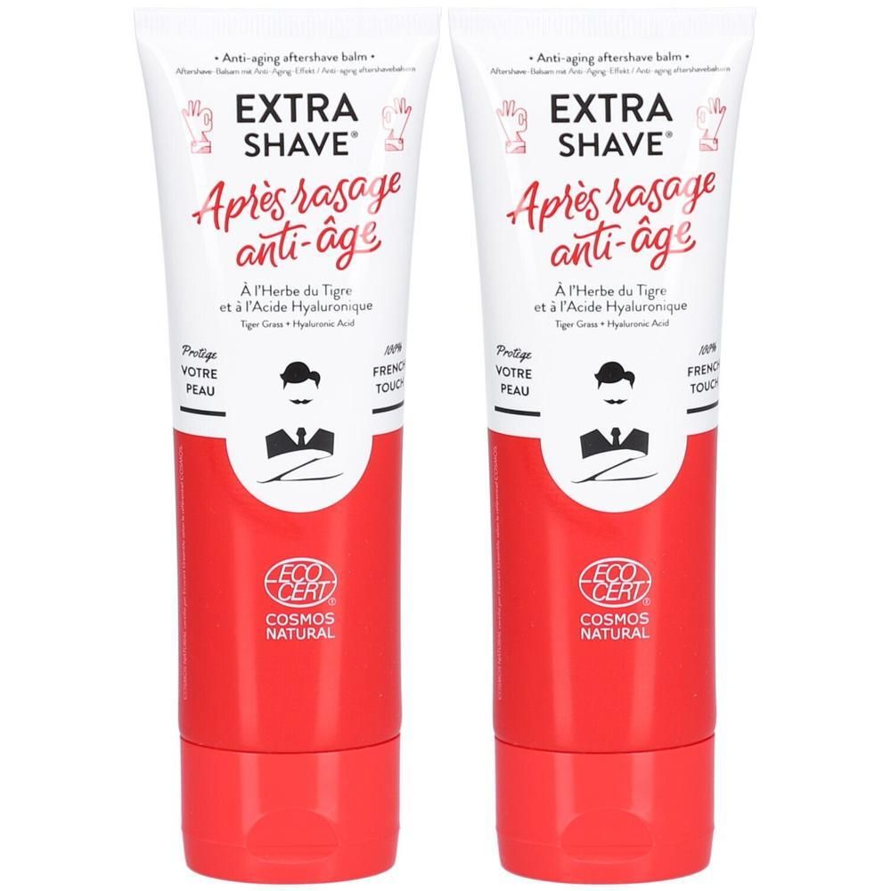 Deux tubes de baume après-rasage. Fond blanc, partie inférieure rouge. Inscriptions : EXTRA SHAVE, Après rasage anti-âge, COSMOS NATURAL.