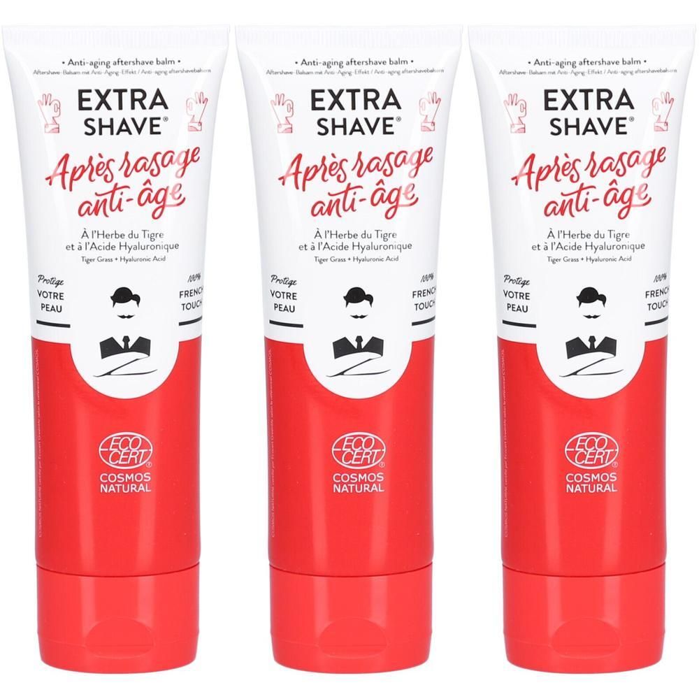 Trois tubes de baume après-rasage. Fond blanc, base rouge. Inscriptions: EXTRA SHAVE, Après rasage anti-âge, ECO CERT COSMOS NATURAL.