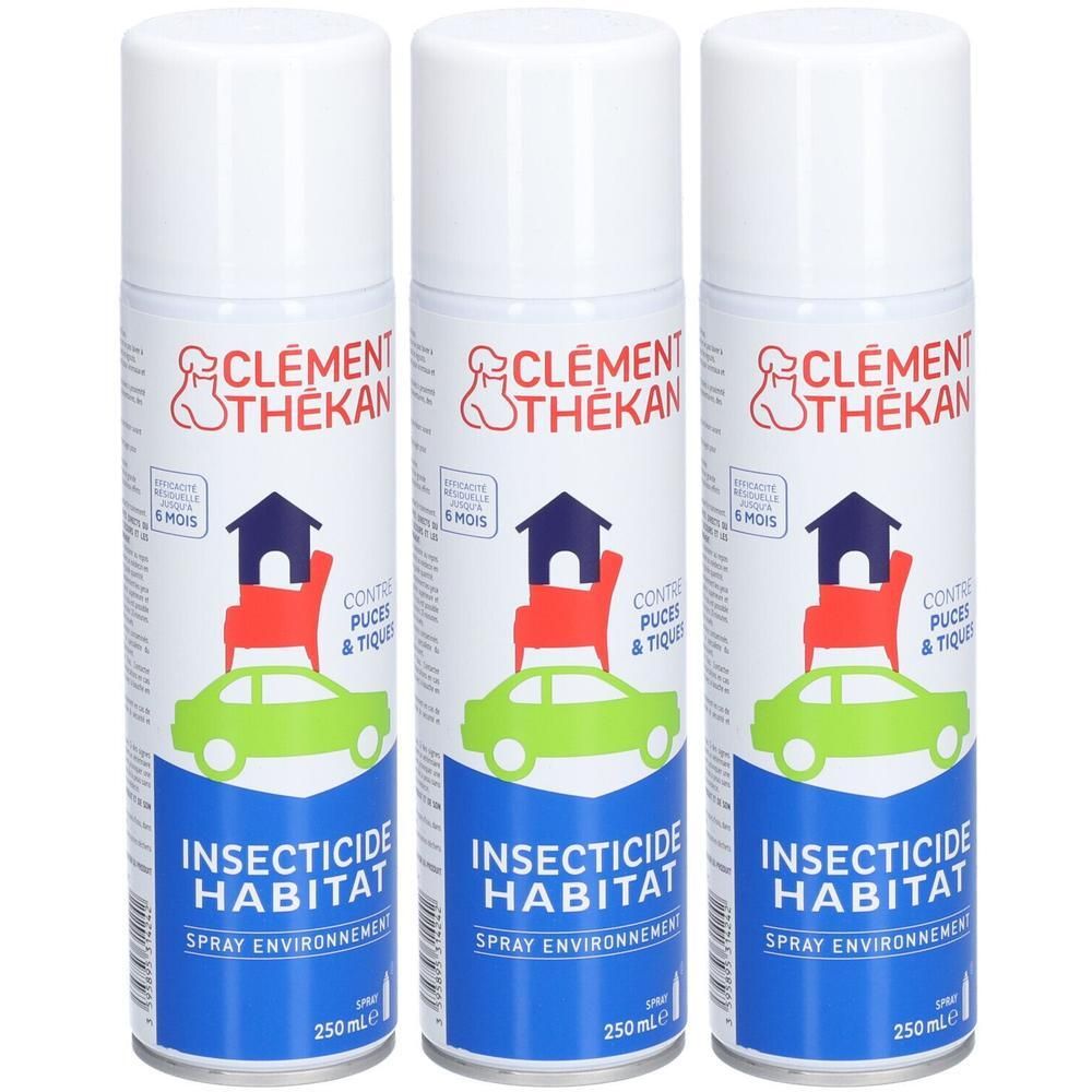 Trois sprays. Bouchon blanc, illustrations bleues et rouges. Texte: CLÉMENT THÉKAN, INSECTICIDE HABITAT, Spray environnement. 250 ml.