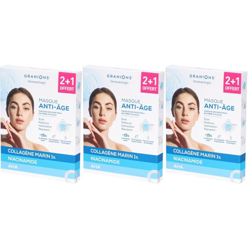 Trois boîtes de masques faciaux. Chaque boîte présente une femme, des noms de produits et des logos.