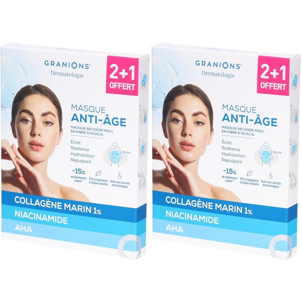 Deux boîtes de produit. Inscription: GRANIONS, MASQUE ANTI-ÂGE, 2+1 OFFERT. Contient Collagène Marin 1%, Niacinamide, AHA.