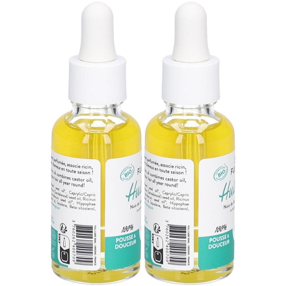 Deux flacons en verre avec liquide jaune et pipettes blanches. Étiquettes avec texte et label bio. « Pousse et douceur » visible.
