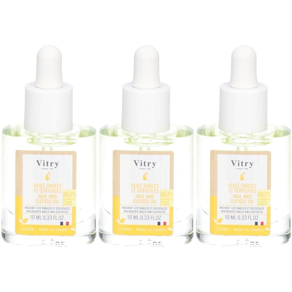 Trois flacons avec compte-gouttes. Étiquettes: Vitry, huile ongles et cuticules. 10 ml.