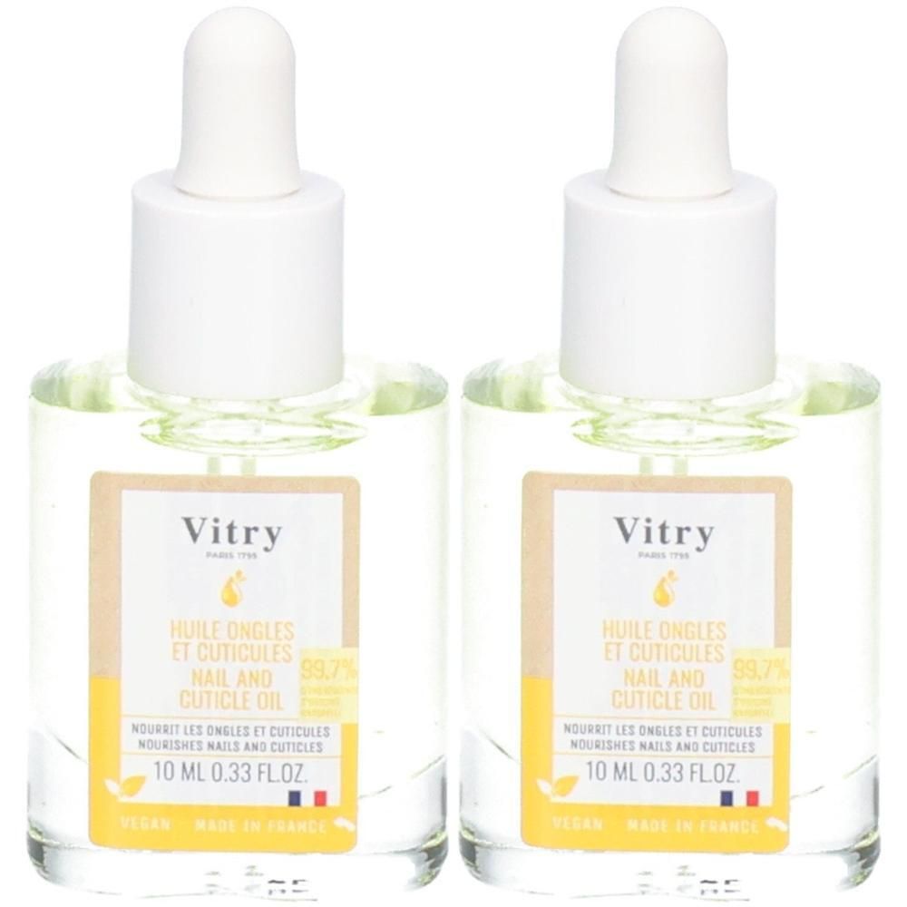 Deux flacons avec pipette. Étiquettes: Vitry, HUILE ONGLES ET CUTICULES, 10 ml. Vegan. Fabriqué en France.