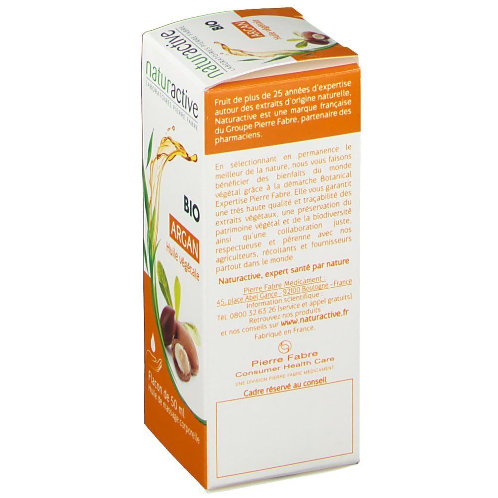 Dos de l'emballage d'huile d'argan. Texte en français. Design orange et blanc. Marque : Pierre Fabre. Texte sur les ingrédients et la marque.