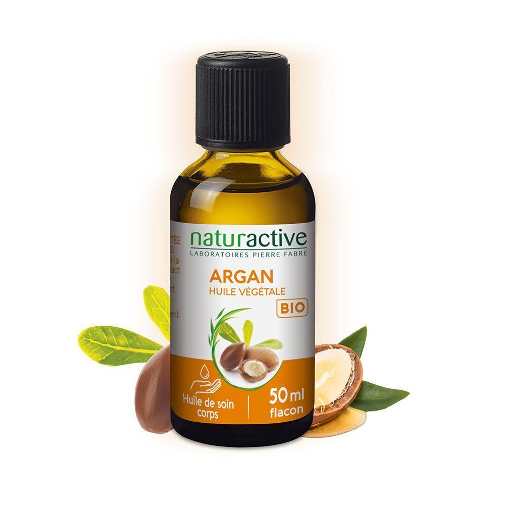 Flacon d'huile d'argan à bouchon noir. Inscription: Argan Huile Végétale Bio. 50ml. Illustration de fruits et feuilles d'argan.