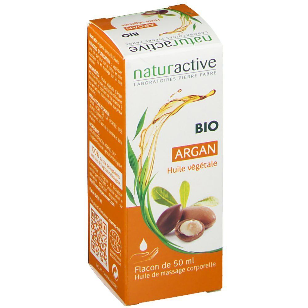 Emballage d'huile d'argan. Inscription: Argan Huile Végétale Bio. Illustration de fruits et feuilles d'argan. Flacon de 50 ml.