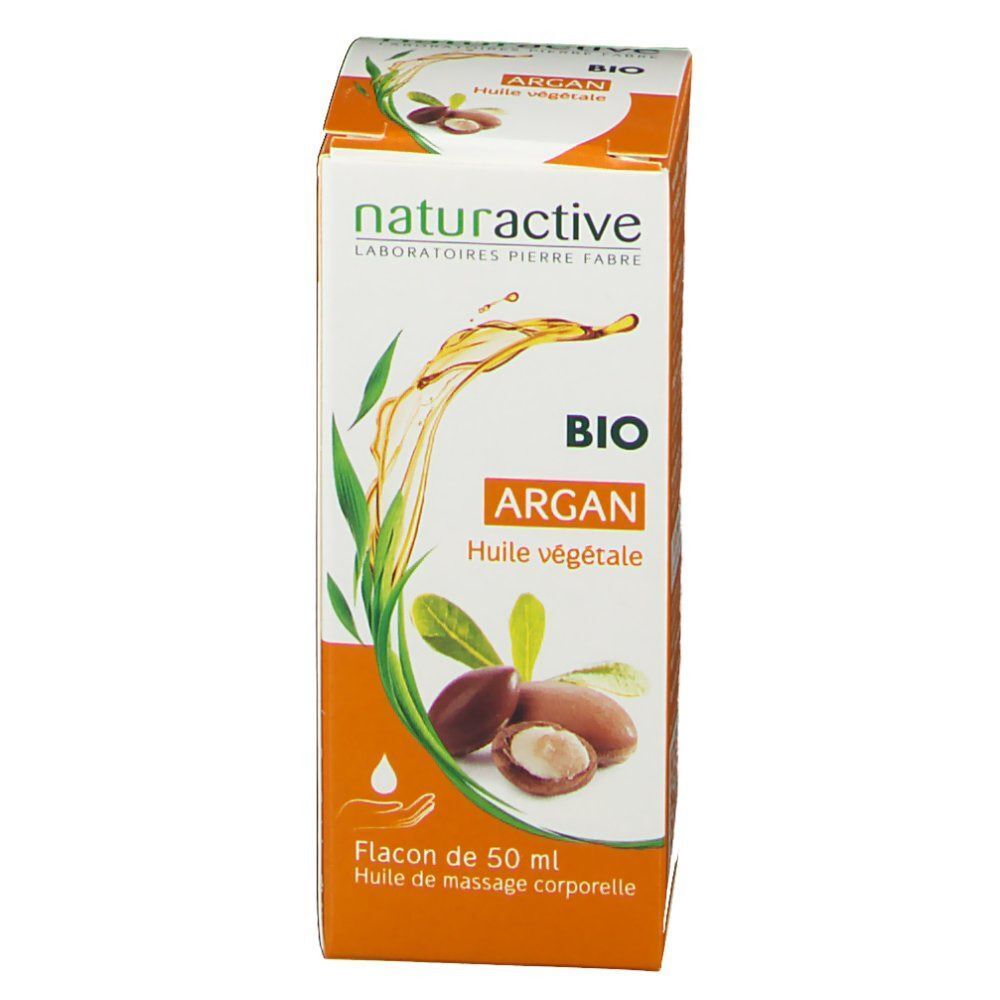 Emballage d'huile d'argan. Inscription: Argan Huile Végétale Bio. Illustration de fruits et feuilles d'argan. Flacon de 50 ml.