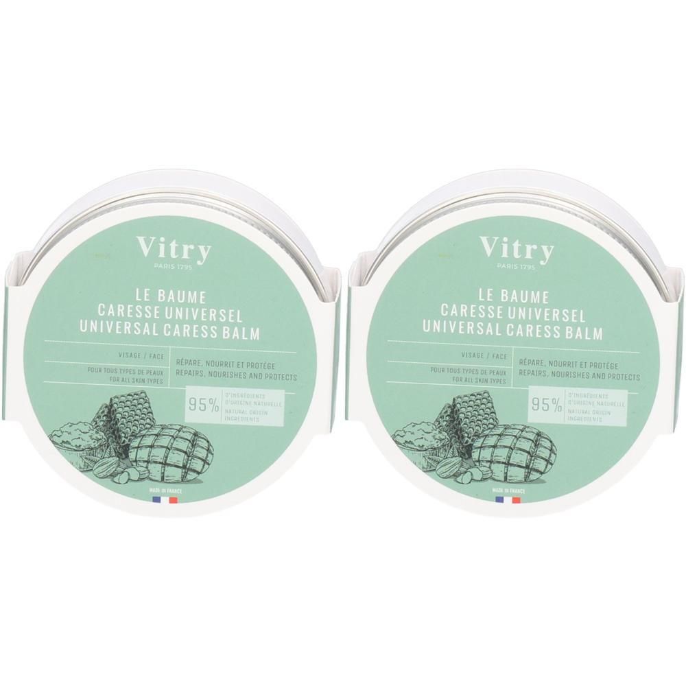 Deux contenants ronds avec étiquette verte. Inscription: Vitry, LE BAUME CARESSE UNIVERSEL, 95%. Drapeau français.