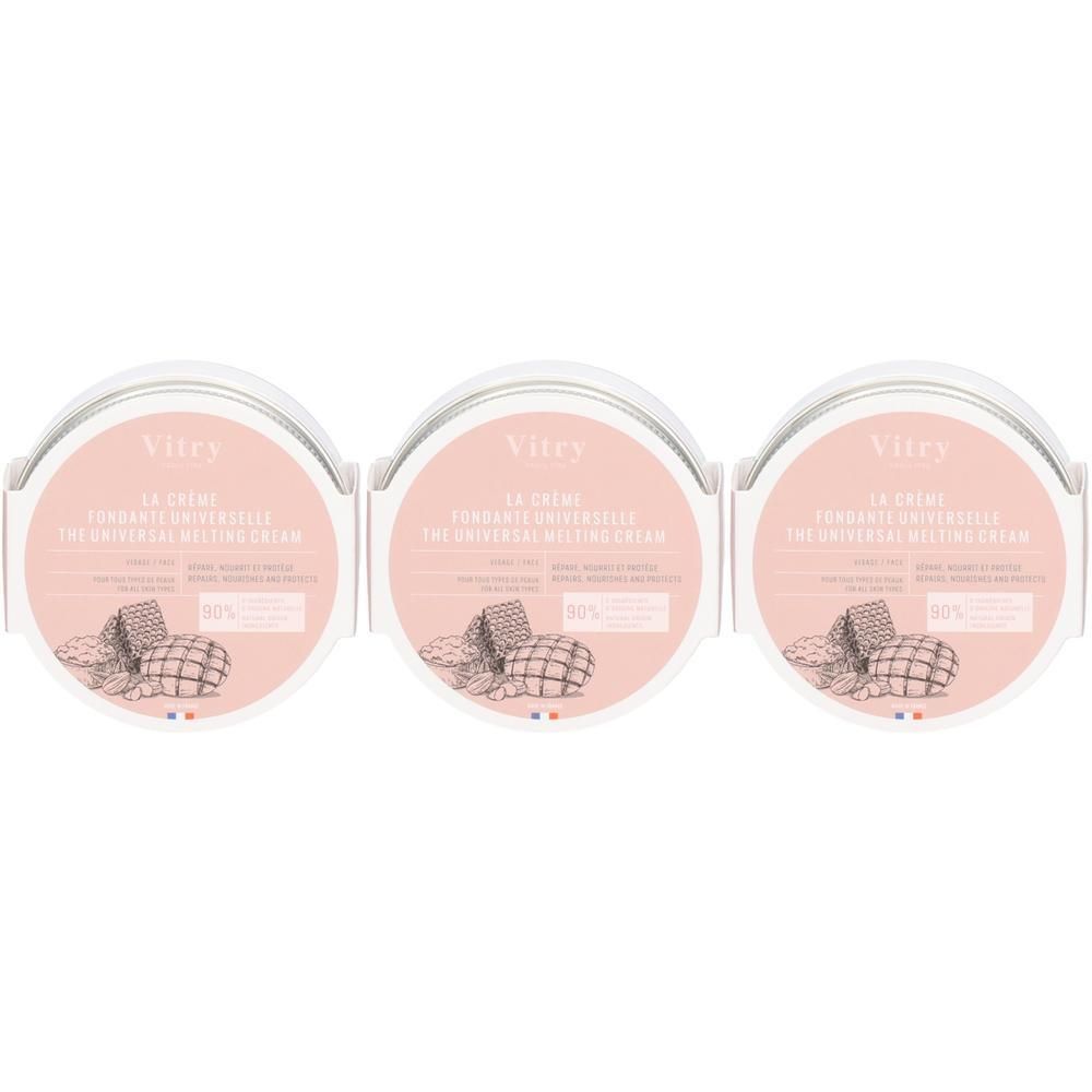Trois pots ronds avec étiquettes roses. Inscription : Vitry, La Crème Fondante Universelle, The Universal Melting Cream. Illustration d'un produit.