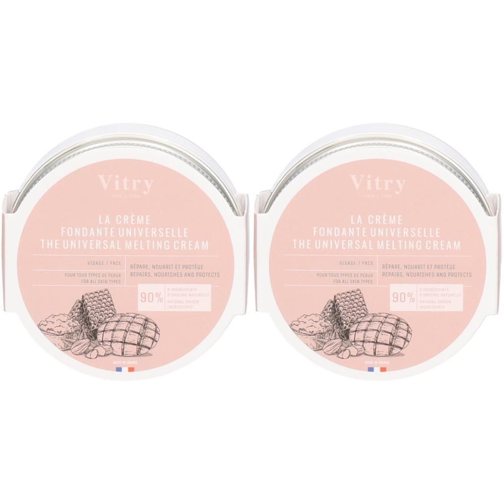 Deux pots ronds avec étiquettes roses. Inscription : Vitry, LA CREME FONDANTE UNIVERSELLE, THE UNIVERSAL MELTING CREAM. 90%.