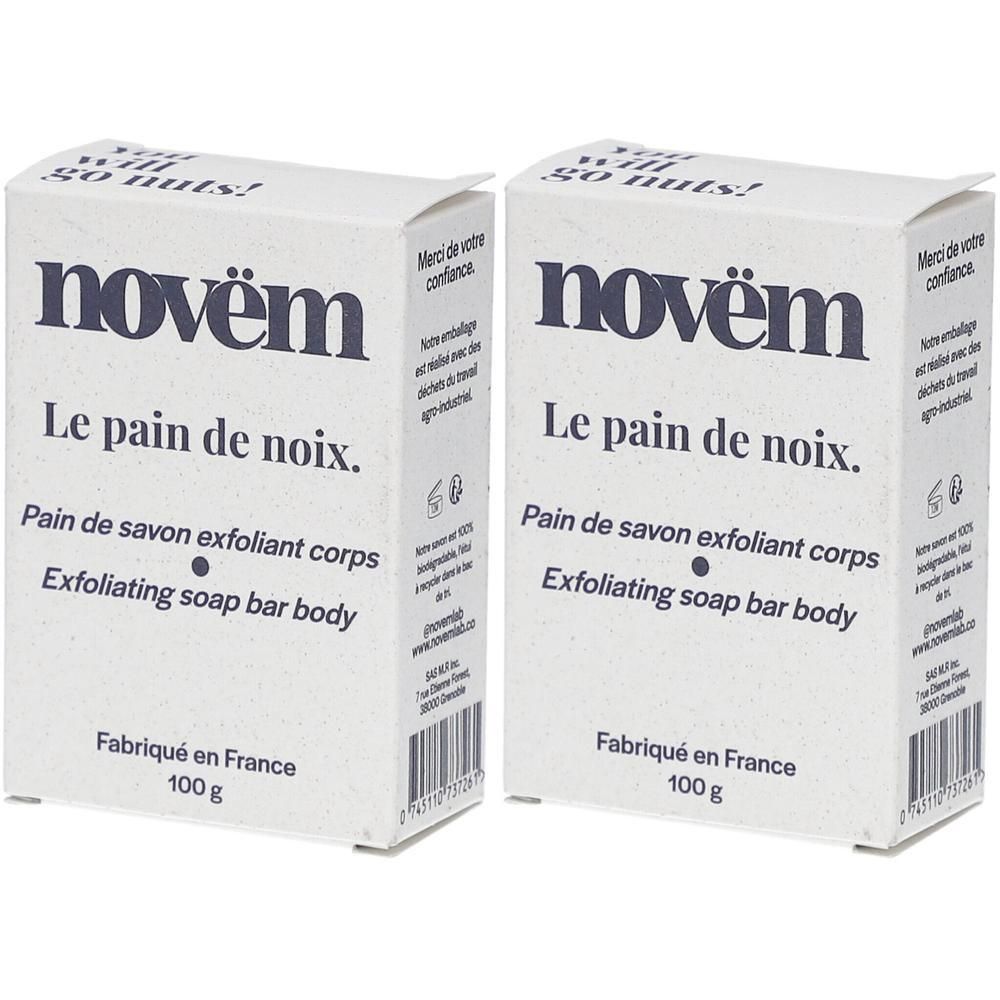 Deux boîtes blanches avec texte. Marque novëm, Le pain de noix, Pain de savon exfoliant corps, Exfoliating soap bar body. Fabriqué en France.
