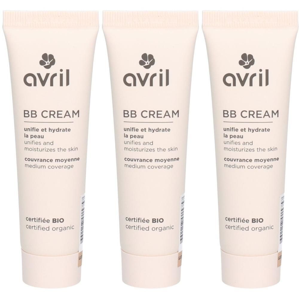 Trois tubes de BB CREAM. Sur chaque tube, on lit "avril", "BB CREAM", "unifie et hydrate la peau", "couvrance moyenne", et "Certifiée BIO".