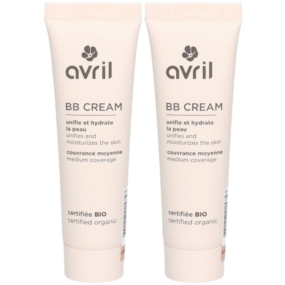 Deux tubes de BB CREAM. Inscription: Avril, BB CREAM, unifie et hydrate la peau, couvrance moyenne, certifié BIO.