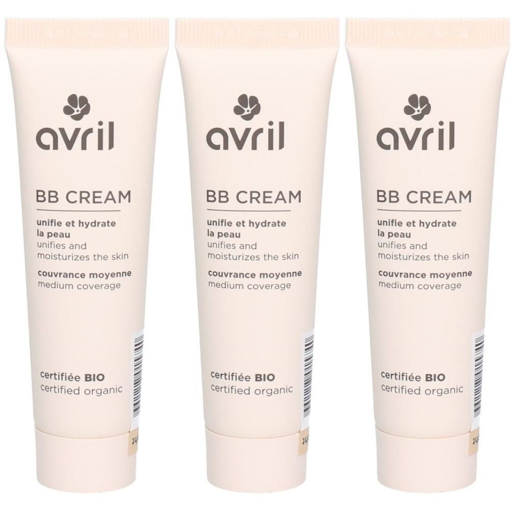 Trois tubes de crème BB. Chaque tube porte les inscriptions "avril", "BB CREAM", "unifie et hydrate la peau", "certifiée BIO".