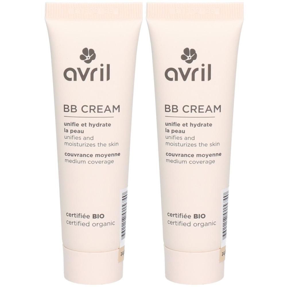 Deux tubes de BB CREAM Avril. Inscription: unifie et hydrate la peau, couvrance moyenne, certifié BIO.