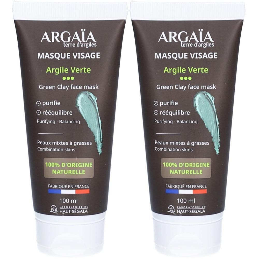 Deux tubes de masque visage. Inscription: ARGAÏA, Argile Verte, Green Clay face mask. Texte en français. 100% d'origine naturelle.