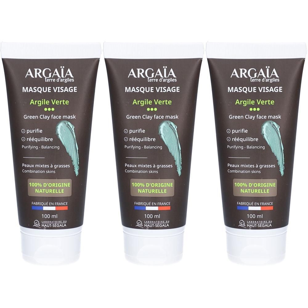 Trois tubes de masque visage. Tubes marron foncé avec bouchon blanc. Texte: ARGAÏA, MASQUE VISAGE, Argile Verte, Green Clay face mask.