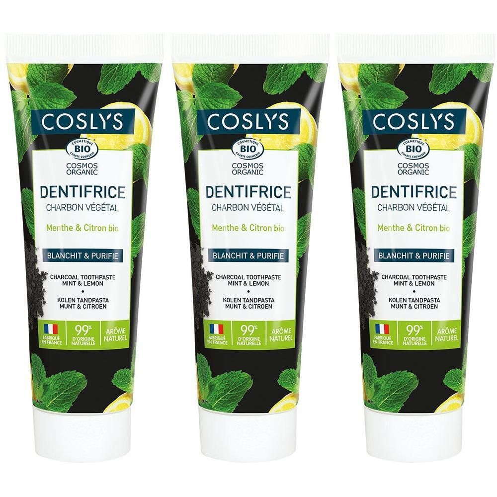 Trois tubes de dentifrice. Inscription: DENTIFRICE CHARBON VÉGÉTAL, Menthe & Citron bio. Certification bio.