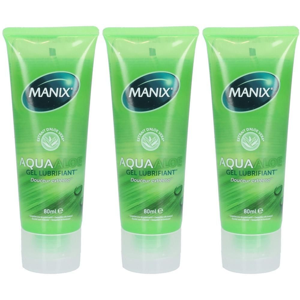 Trois tubes de gel vert. Chaque tube porte l'inscription "MANIX AQUA ALOE GEL LUBRIFIANT". Les tubes ont un bouchon blanc.