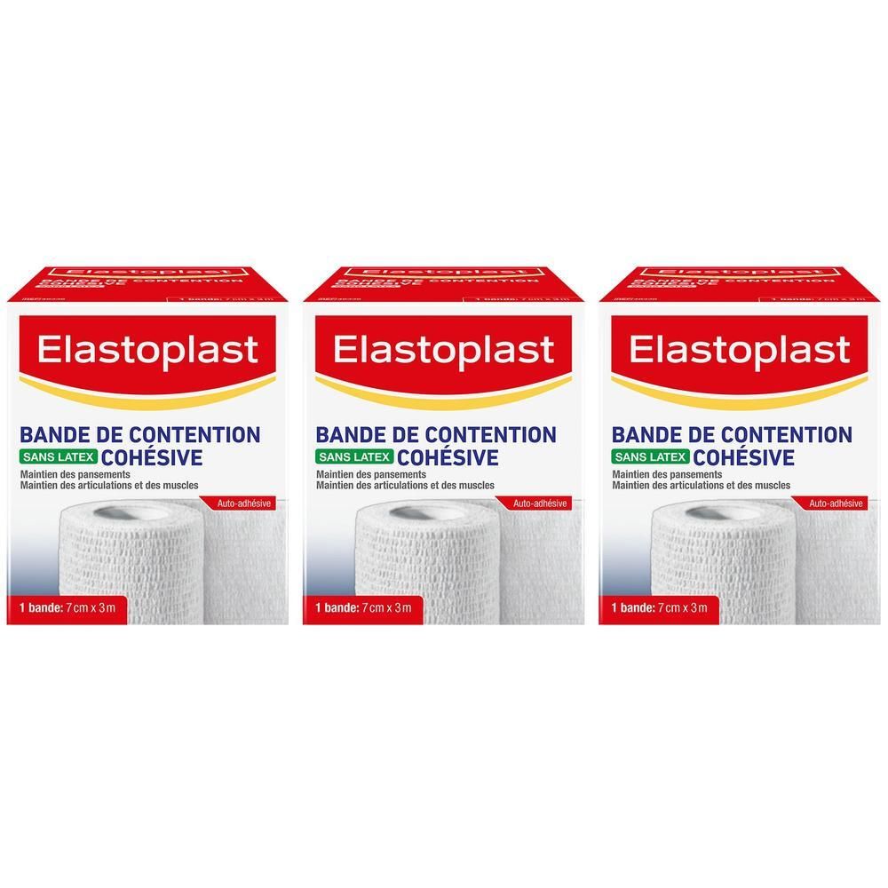 Trois boîtes de bandages. Chaque boîte porte "Elastoplast" et "BANDE DE CONTENTION SANS LATEX COHÉSIVE". Chaque boîte contient 1 bandage de 7cm x 3m.