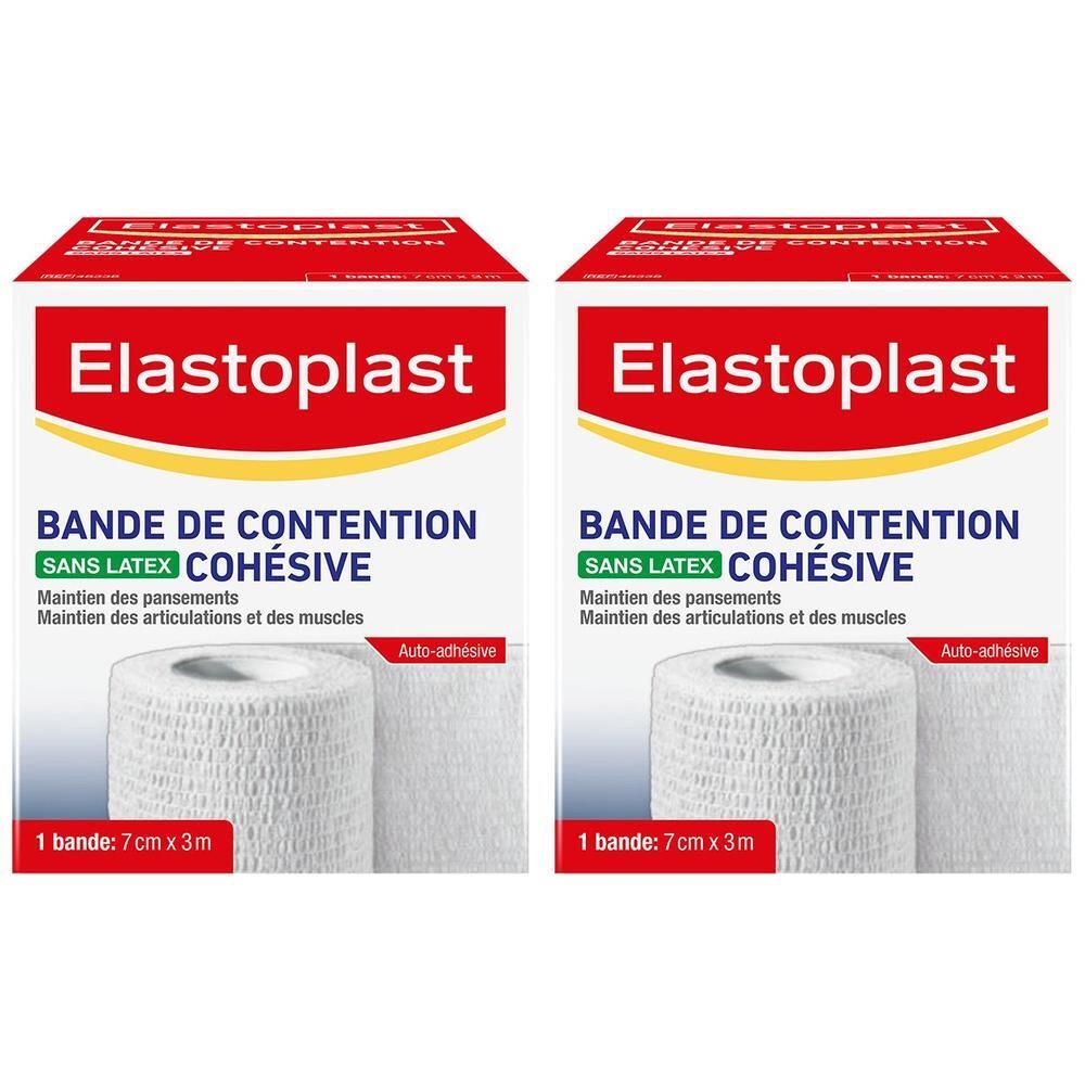 Deux boîtes de bandage Elastoplast. Inscription: BANDE DE CONTENTION COHÉSIVE, 7cm x 3m. Bandage blanc roulé.
