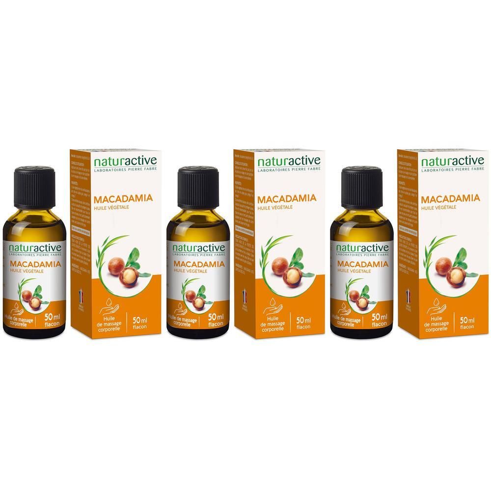 Trois flacons et boîtes. Inscription: Naturactive Macadamia Huile Végétale. 50 ml.