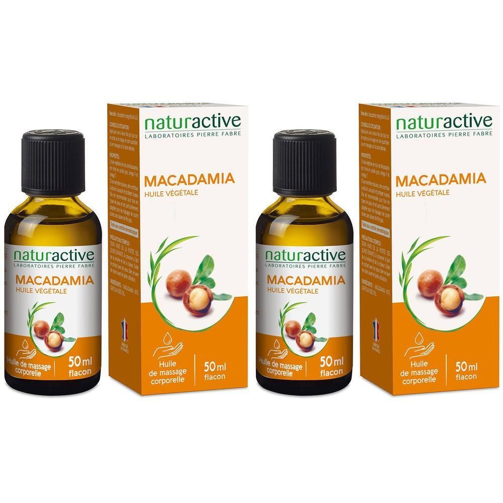 Trois flacons et boîtes. Inscription: Macadamia Huile Végétale. 50 ml. Naturactive.