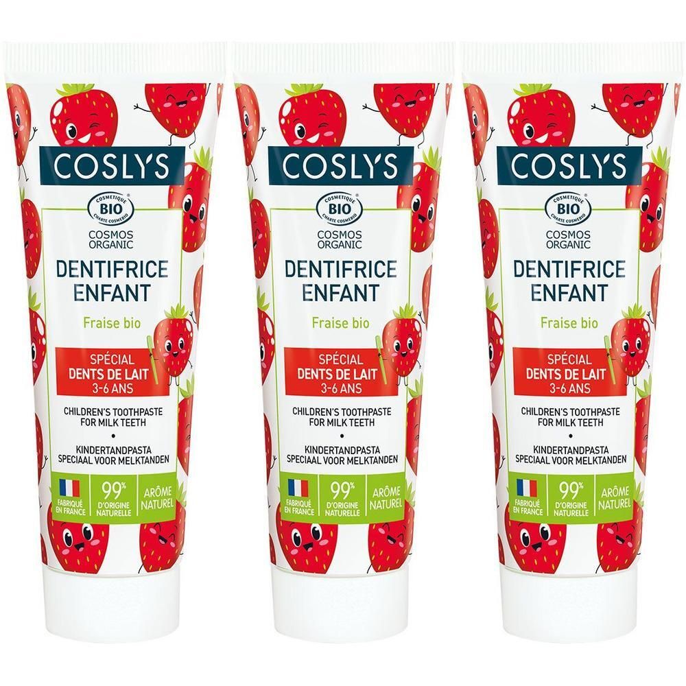 Trois tubes de dentifrice enfant avec motif fraise. Inscription: COSLYS, DENTIFRICE ENFANT, BIO. Illustrations de fraises.