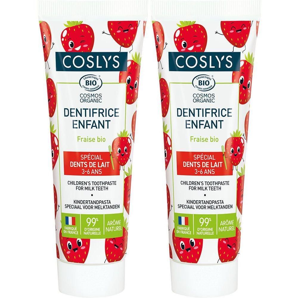 Deux tubes de dentifrice enfant. Motif fraise. Inscription: COSLYS BIO, DENTIFRICE ENFANT, goût fraise, dents de lait.
