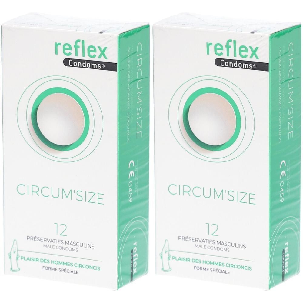 Deux boîtes de préservatifs. Inscription: reflex Condoms, CIRCUM'SIZE, 12. Forme spéciale pour hommes circoncis.
