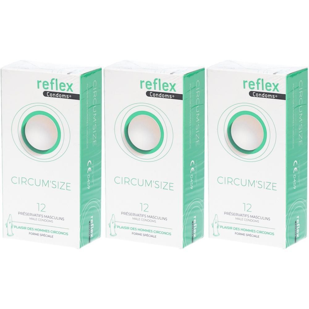 Trois boîtes de préservatifs. Chaque boîte porte la marque "reflex Condoms", "CIRCUM'SIZE" et le chiffre "12".