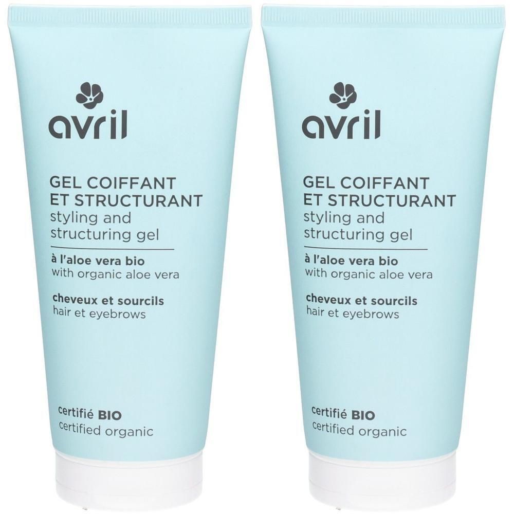 Deux tubes de gel coiffant. Emballage bleu clair avec texte blanc. Inscription: Avril, Gel Coiffant, certification bio.