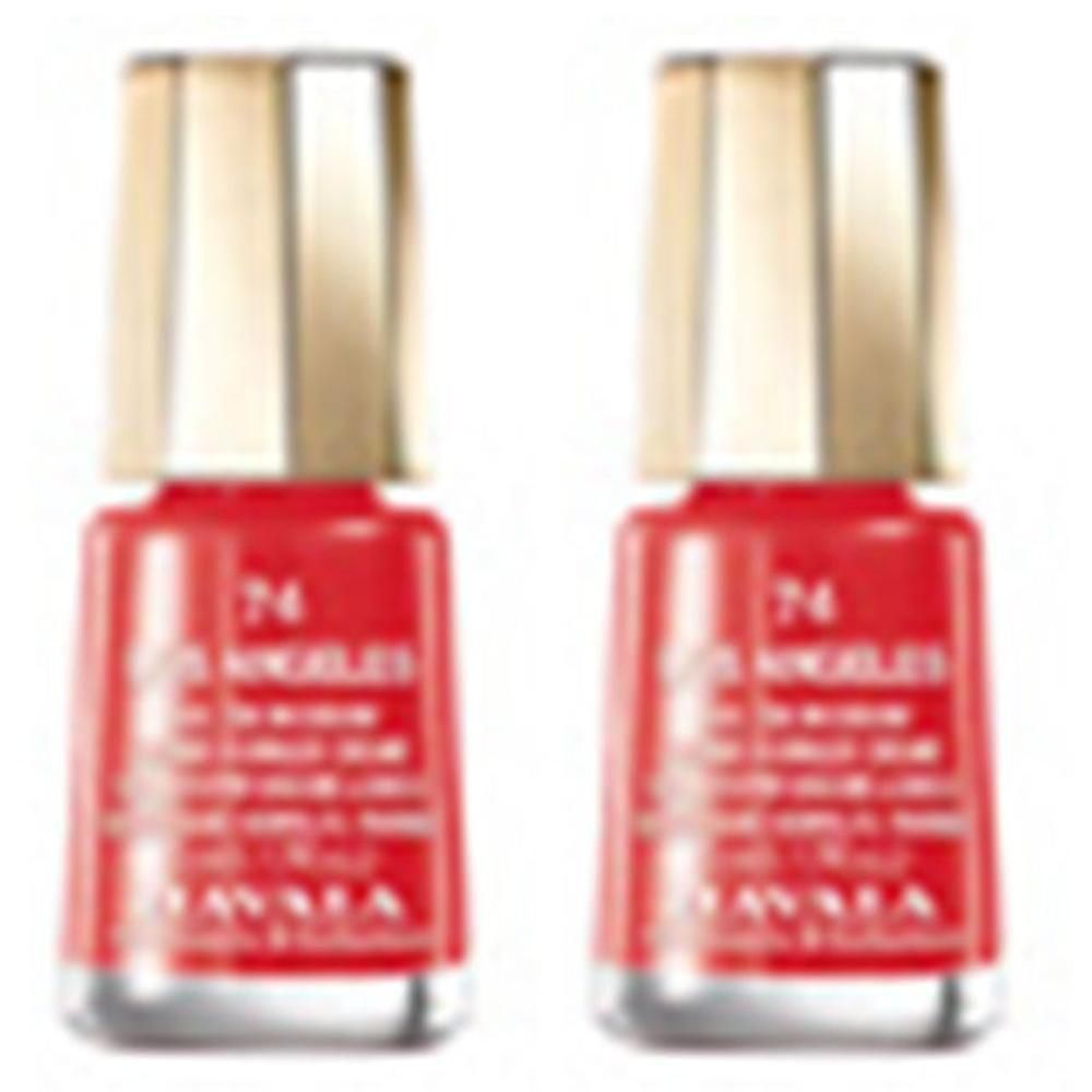 Deux flacons de vernis à ongles rouges avec bouchons dorés. Inscription : 74 LOS ANGELES, MAVALA.