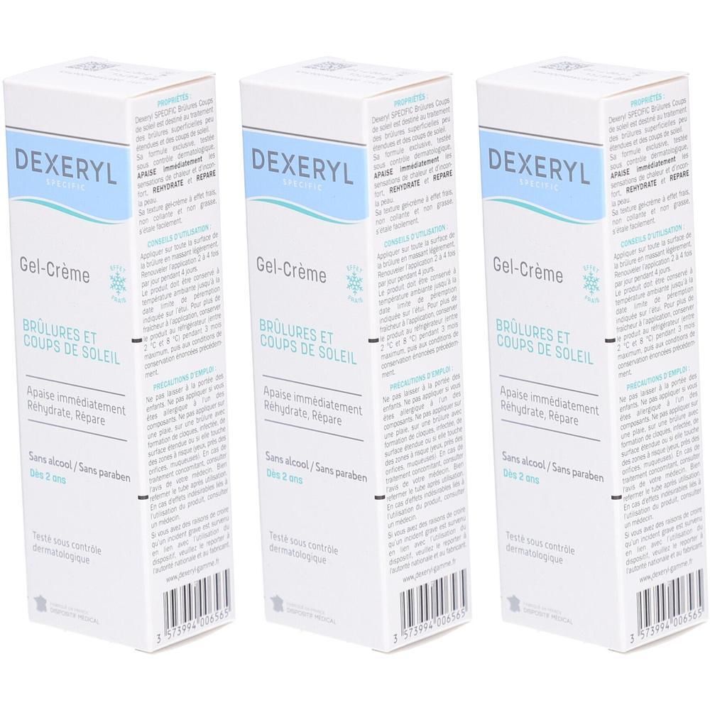 Trois boîtes blanches. Inscription DEXERYL Gel-Crème, pour brûlures et coups de soleil. Sans alcool, sans parabène. Dispositif médical.