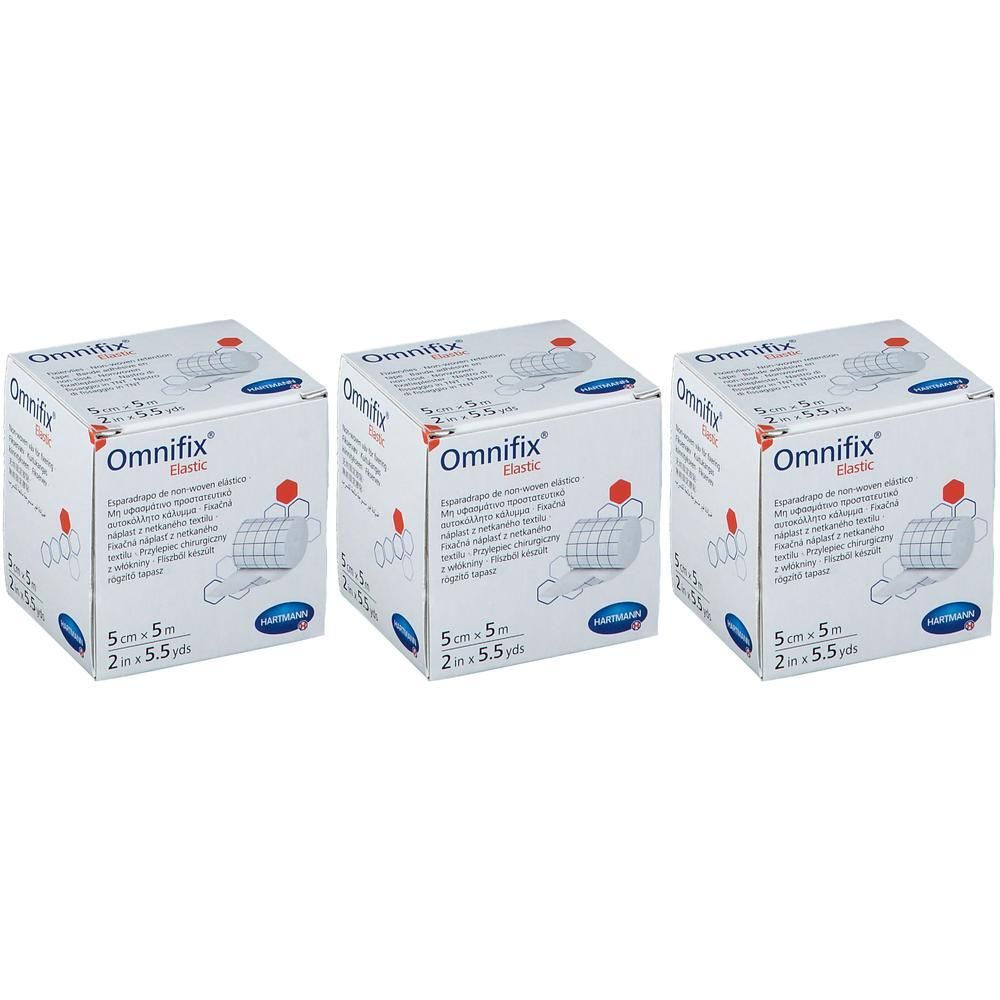 Trois boîtes carrées. Inscription: Omnifix Elastic, 5 cm x 5 m. Emballage blanc avec des accents bleus et rouges.