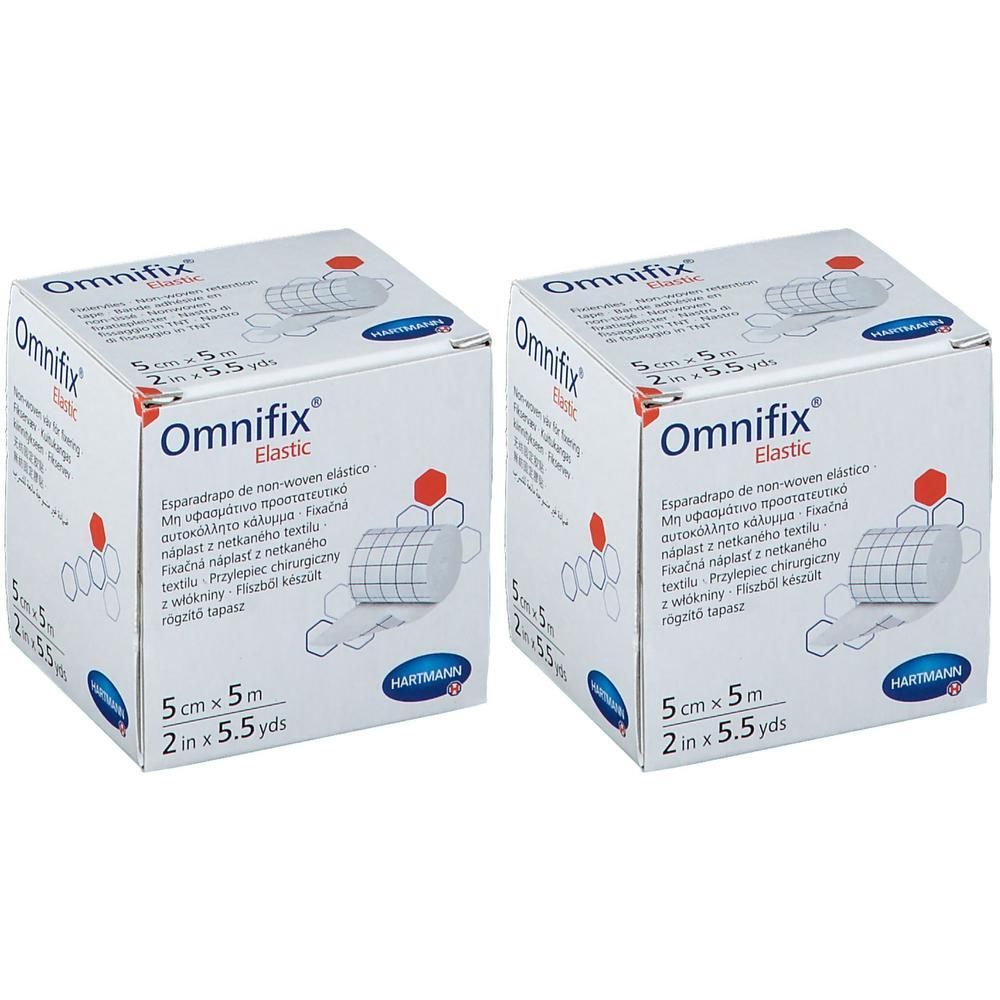 Deux boîtes carrées. Inscription: Omnifix Elastic, 5 cm x 5 m. Fabricant: HARTMANN. Informations multilingues sur le produit.