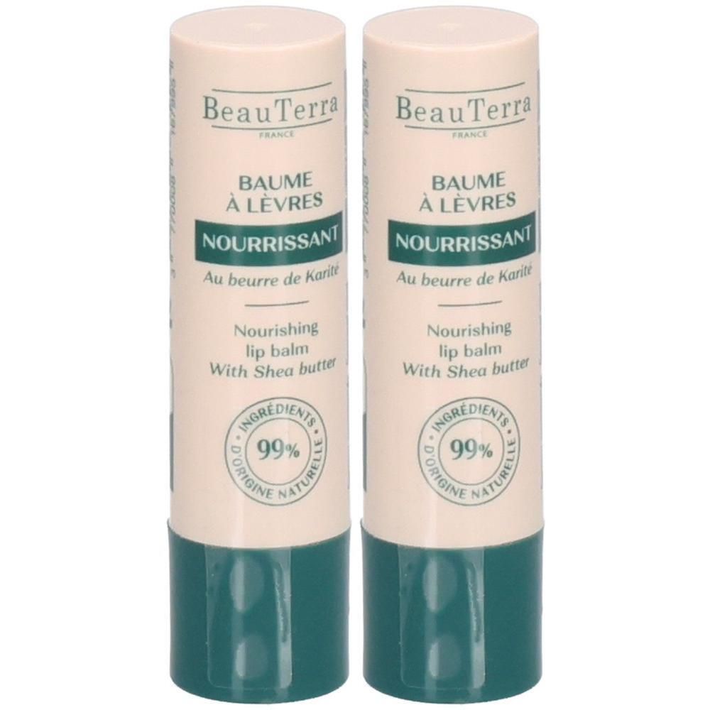 Deux sticks de Baume à Lèvres. Inscription: BeauTerra, Nourrissant, 99% ingrédients naturels.